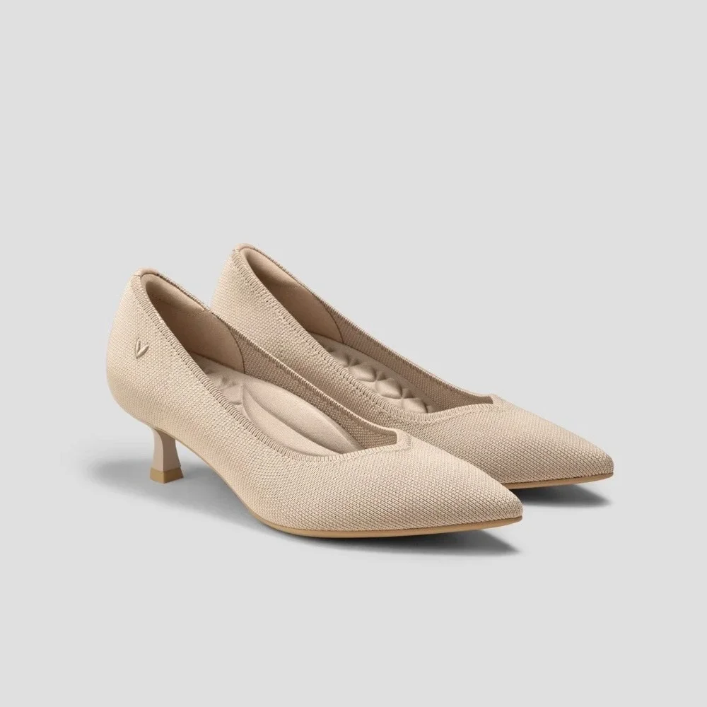 NEW Vivaia Scarlett Pointed Toe V-Cut Kitten Heel Pumps Almond EU 38.5 US 7.5